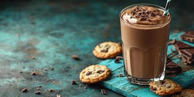 Creamy chocolate milkshake served with chocolate chip cookies on a rustic wooden table photo