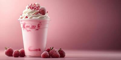 Creamy raspberry treat in a cup with whipped cream and crushed toppings ideal for warm days photo