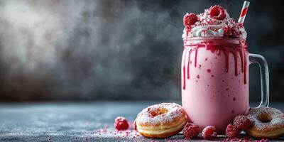 Delicious pink raspberry milkshake served with donuts on a rustic table, perfect for dessert lovers photo