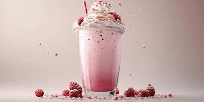 Beautiful raspberry milkshake topped with whipped cream and berries in a glass on a neutral background photo