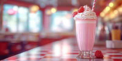 Vibrant raspberry milkshake in a retro diner setting with cheerful decor and bright colors photo