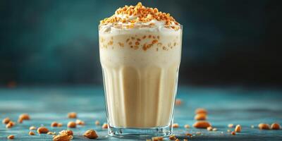 Creamy dessert drink topped with crushed nuts served in a clear glass on a blue background photo