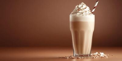 Creamy chocolate milkshake topped with whipped cream and a striped straw against a brown background photo