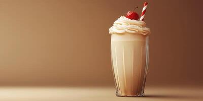 Creamy milkshake topped with whipped cream and cherry served in a tall glass on a warm backdrop photo