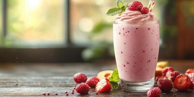 Refreshing summer smoothie made with strawberries and raspberries in a cozy cafe setting photo