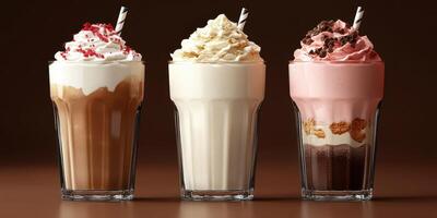 Delicious milkshakes in three flavors served in tall glasses on a brown background photo