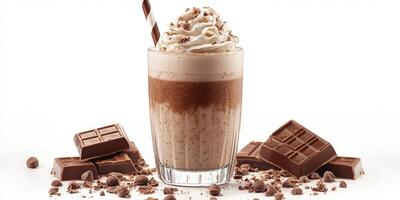 Delicious chocolate milkshake topped with whipped cream and straw served alongside chocolate bars on a white background photo