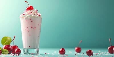 Delicious cherry vanilla milkshake with whipped cream and cherries on a mint green background photo