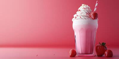 Delicious strawberry milkshake topped with whipped cream and fresh strawberries on a vibrant pink background photo