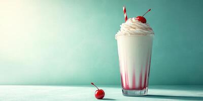 Refreshing milkshake topped with whipped cream and cherries on a turquoise surface photo