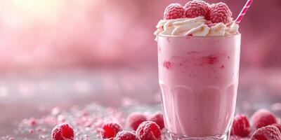 Refreshing raspberry milkshake topped with whipped cream served in a clear glass on a wooden table photo