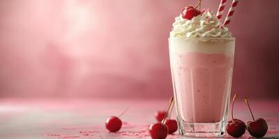 Refreshing cherry milkshake served in a tall glass with whipped cream and cherries at a dessert shop on a sunny afternoon photo