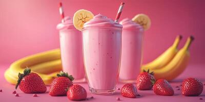 Refreshing strawberry banana smoothie with vibrant colors and fresh fruit details in a playful setting photo