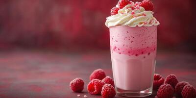 Delicious raspberry milkshake topped with whipped cream and fresh raspberries served in a clear glass photo