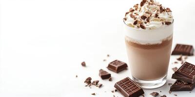 Delicious chocolate milkshake topped with whipped cream and chocolate shavings on a clean surface photo
