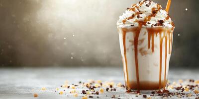 Delicious creamy dessert drink with caramel sauce and chocolate sprinkles on a textured background photo