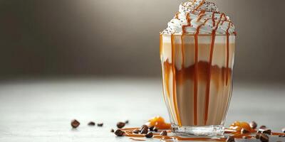 Delicious caramel latte topped with whipped cream and drizzled with caramel syrup in a cozy cafe setting photo