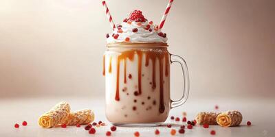 Creamy dessert drink topped with whipped cream and fruit sits elegantly on a table photo