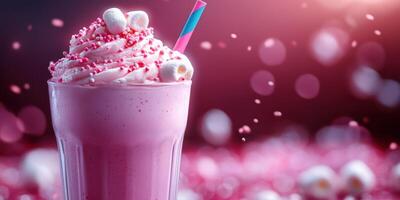 Creamy pink milkshake topped with whipped cream and colorful sprinkles in a vibrant setting photo