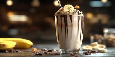 Creamy banana chocolate shake garnished with whipped cream and chocolate drizzle photo