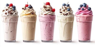 Delicious milkshakes in various flavors topped with whipped cream and fresh berries displayed on a white background photo