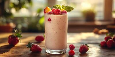 Refreshing berry smoothie in a glass on wooden table with fresh berries and mint leaves during warm afternoon light photo