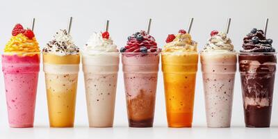 Colorful assortment of delicious milkshakes displayed in clear cups on a white background photo
