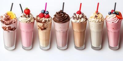 Indulge in a colorful array of delicious milkshakes served in tall glasses at a dessert shop photo