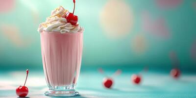 Refreshing cherry milkshake in a glass served on a colorful background during summer photo