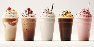 Delicious variety of milkshakes in colorful cups on display in a bright environment photo
