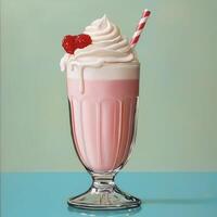 Delicious cherry milkshake with whipped cream and a straw on a turquoise table photo