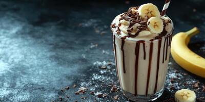Creamy banana chocolate shake garnished with banana slices on a dark background photo