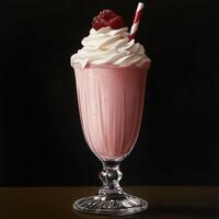 Delicious raspberry milkshake with whipped cream in a vintage glass served with a striped straw photo