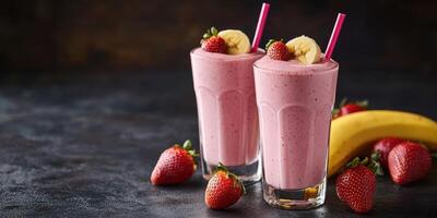 Refreshing strawberry banana smoothies served in tall glasses with fresh strawberries and banana slices around them in a dark setting photo