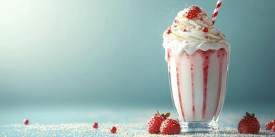 Ice cream sundae topped with whipped cream and strawberries served in a glass with a straw photo
