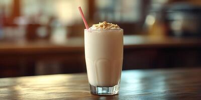 Creamy milkshake served in a tall glass on a wooden table in a cozy cafe setting during afternoon light photo