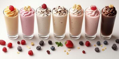 Colorful array of creamy milkshakes with fresh fruit and toppings on a white background photo