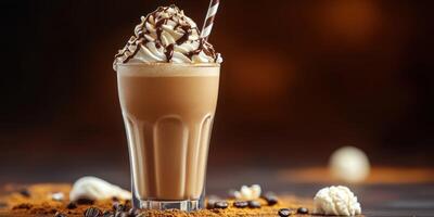 Delicious coffee drink topped with whipped cream and chocolate drizzle sits on a decorative background photo