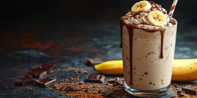 Delicious chocolate banana milkshake served in a glass with whipped cream and chocolate drizzle photo