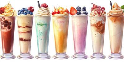 Delicious variety of colorful milkshakes arranged in tall glasses at a summer fair photo