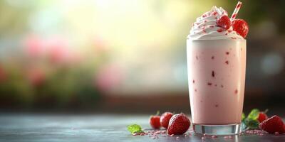 Refreshing strawberry milkshake in a glass with whipped cream and garnished with fresh berries on a sunny day photo