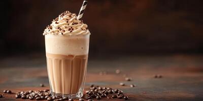 Creamy iced coffee topped with whipped cream and chocolate on dark rustic table photo