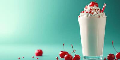 Refreshing milkshake topped with whipped cream and cherries on a bright blue background photo