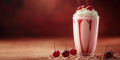 Delicious cherry milkshake topped with whipped cream and cherries served in a glass at a cozy dessert shop photo