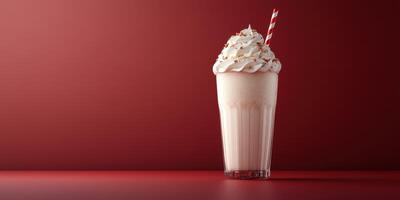Scent of vanilla and berry swirl in a creamy milkshake served in a tall glass with a striped straw against a red background photo