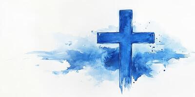 Blue cross painted with watercolor technique evokes a sense of spirituality and creativity in artistic expression photo