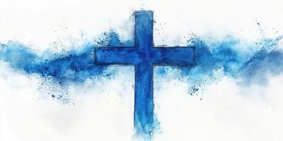 Artistic blue cross with abstract watercolor background showcasing faith and spirituality photo