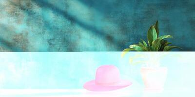 Bright red hat and green plant against a turquoise wall create a lively and vibrant interior space photo