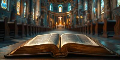 Open Bible resting on a table in a grand church with beautiful stained glass windows and an altar in the background photo