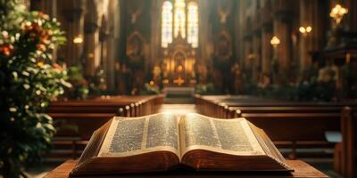 Open Bible resting on a wooden pew in an illuminated church during a serene afternoon service photo
